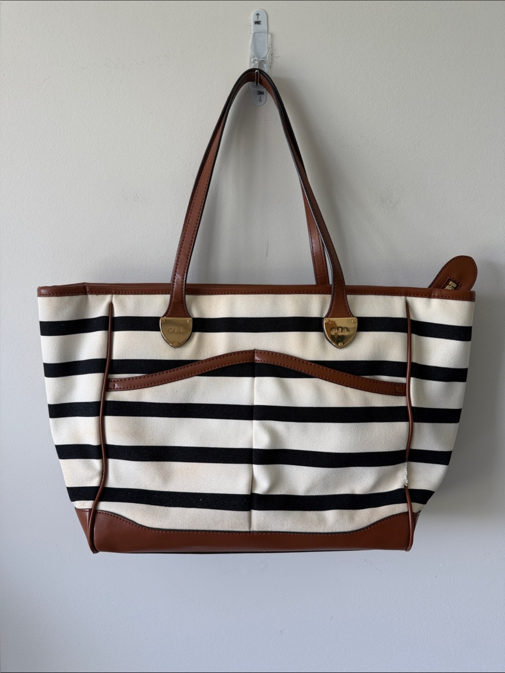 Lauren Ralph Lauren Black and Cream Striped Tote with Brown Trim